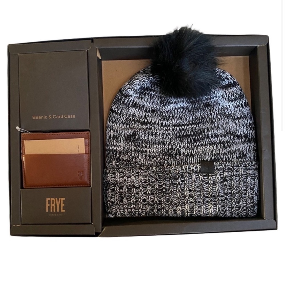 Frye knit beanie hat leather card holder gift set